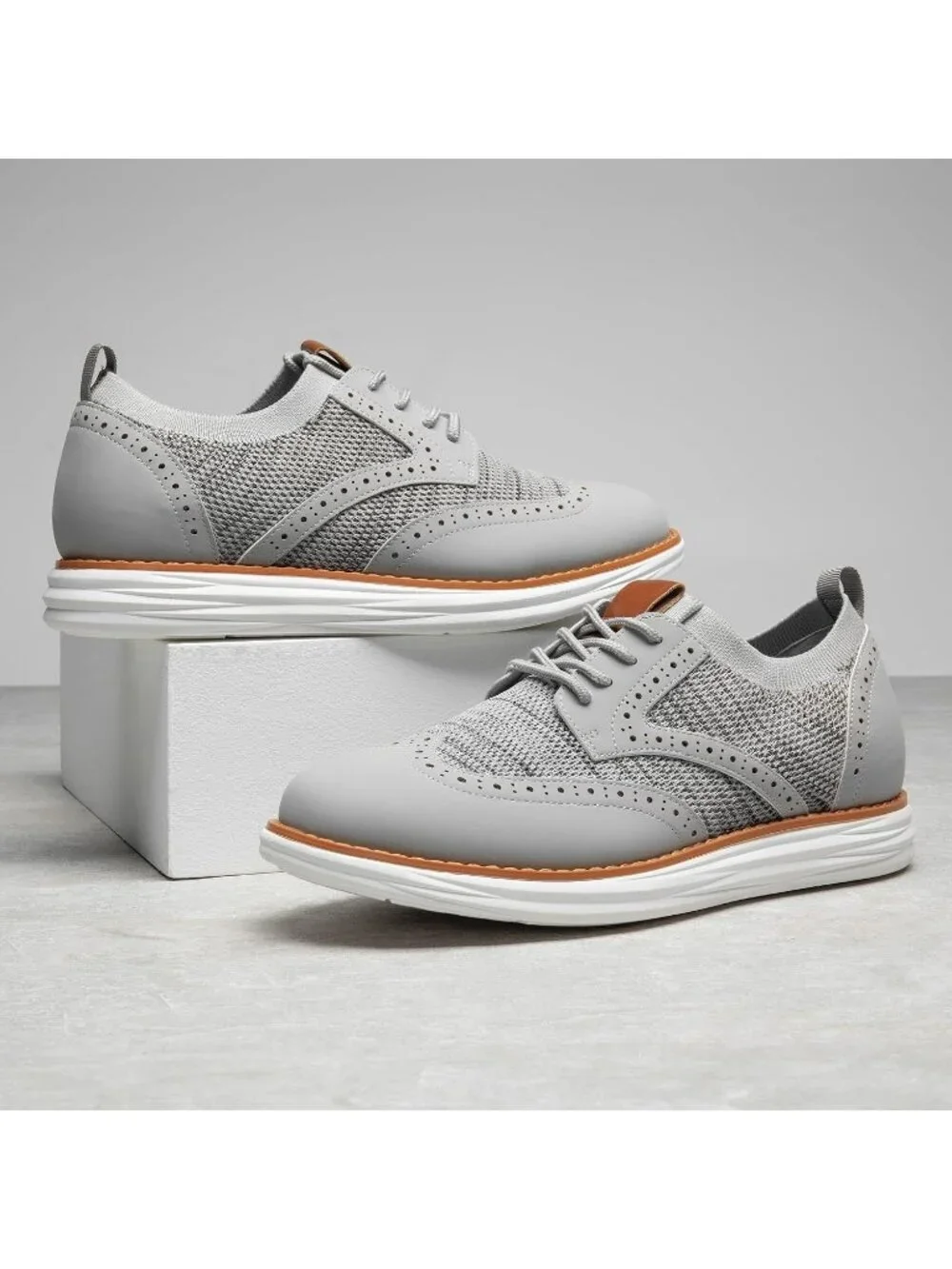Men's Grey White Knit Mesh Dress Sneakers Lace Up Casual Walking Oxford Shoes